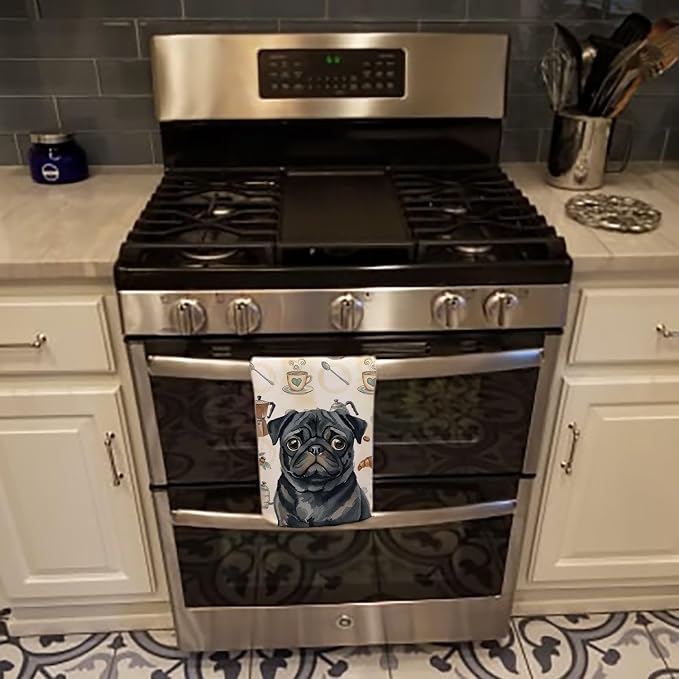 Caroline's Treasures Black Pug Coffee Bar Kitchen Towel Velour Plush Front and Cotton Loop Back Machine Washable