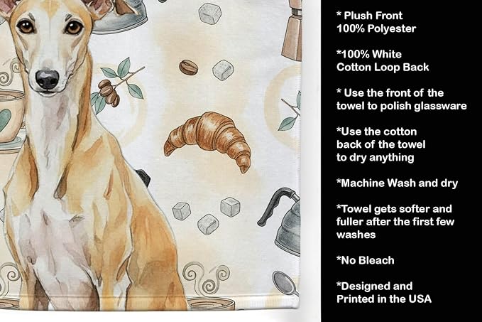 Caroline's Treasures Fawn Whippet Coffee Bar Kitchen Towel Velour Plush Front and Cotton Loop Back Machine Washable