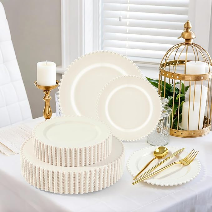 60PCS Ivory Plastic Plates - Beaded Ivory Disposable Plates - Premium Cream Plastic Plate Include 30 Dinner & 30 Dessert Disposable Plate for Birthday, Baby Shower Spring, Wedding & Party