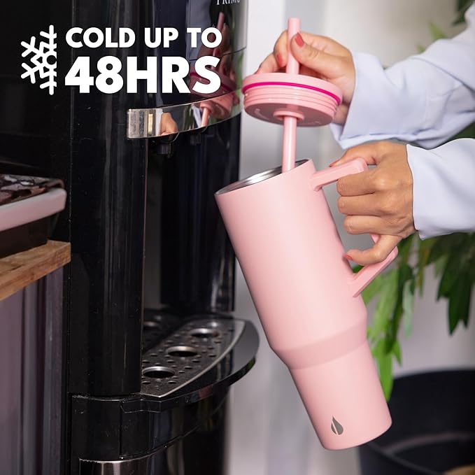 Elemental 40 oz Tumbler with Handle and Straw - Spill Proof Insulated Stainless Steel Commuter for Cold Beverages - Travel Coffee Mug with 2 Straws & Spill Proof Lid - 40oz - Rose