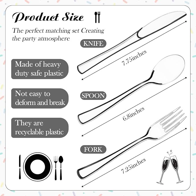 Minatee 150 Pcs Black Plastic Silverware, Clear Disposable Cutlery Set Heavy Duty Utensil Sets 50 Forks 50 Knives 50 Spoons for Birthday Party Home Office School Picnics Restaurant Outdoor Events