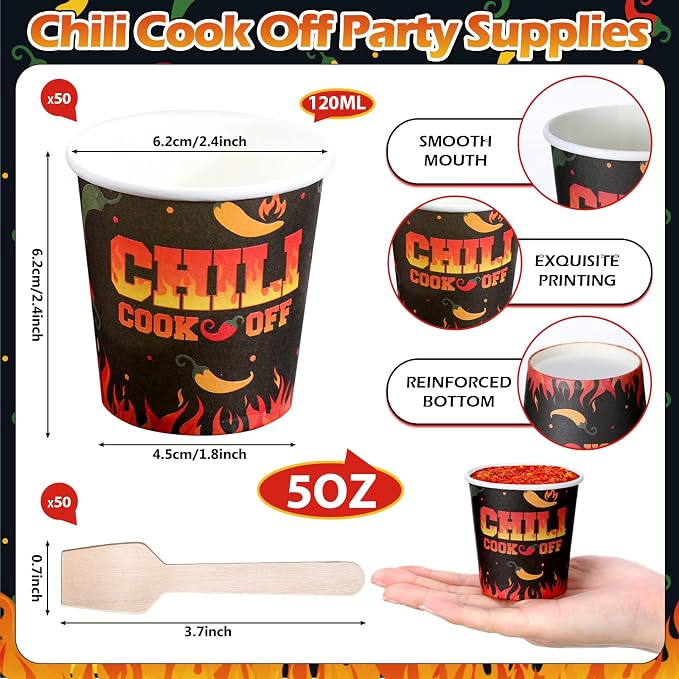Teenyyou 100 Pcs 5 oz Chili Cook off Party Decorations Mini Chili Cook off Tasting Cups Disposable Sample Paper Cup Bowls and Wooden Spoons for Pepper Competition Prizes Party Cooking Supplies, Black