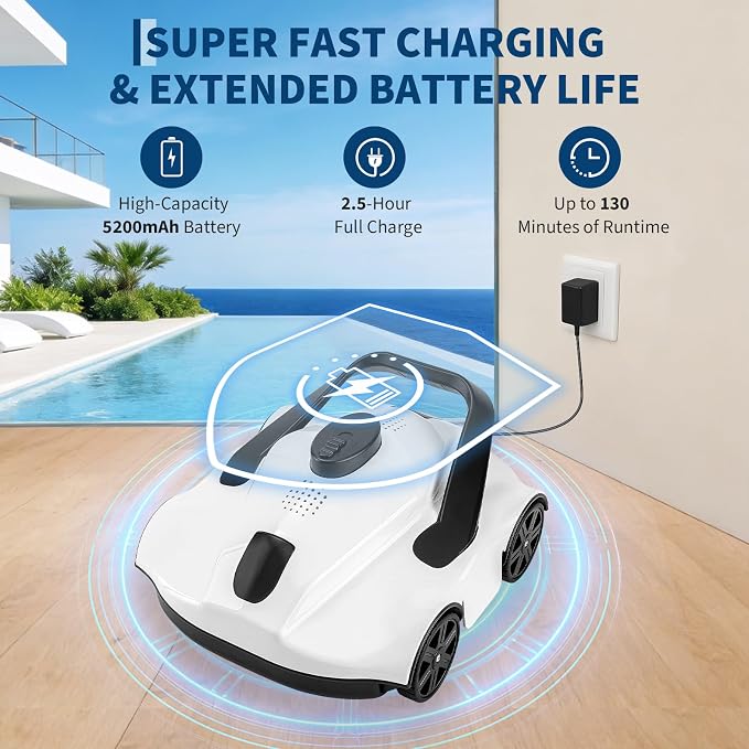 Garvee Cordless Robotic Pool Vacuum Cleaner with 130-Min Runtime, Self-Parking Technology for Above-Ground Pools up to 860 Sq.Ft, Efficient Filtration & Portable Design