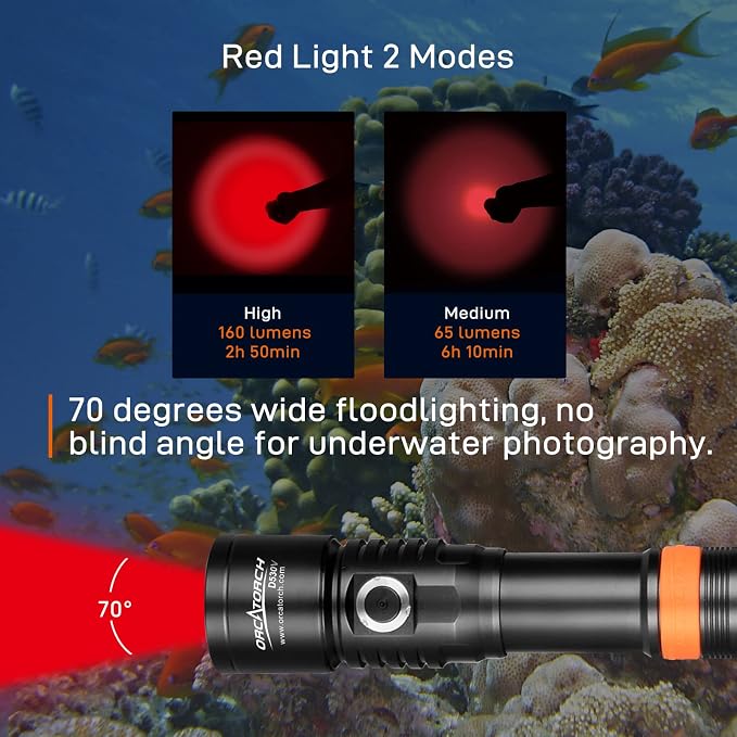 ORCATORCH D530V Red LED Dive Light 160 Lumen Scuba Diving Video Light 120 Degrees Wide Beam Angle, Underwater 150 Meters Diving Photography Light with Safety Lock Function and Battery Power Indicator