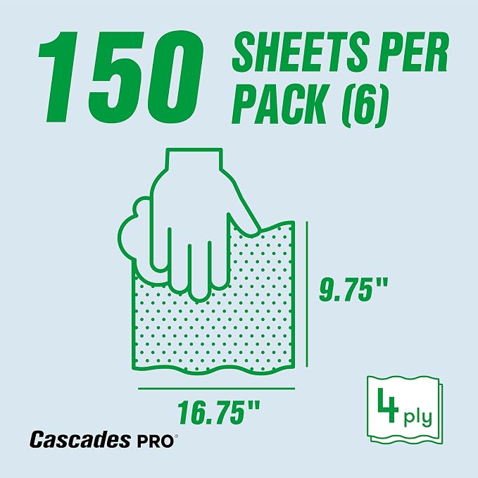 Cascades PRO Tuff-Job Wipers – Disposable Pop-Up Dispenser – Heavy-Duty Cleaning Towels for Shop, Garage, Janitorial, Automotive, Commercial use – 150 Sheets/Pack, 6 Packs/Box – W202 - White