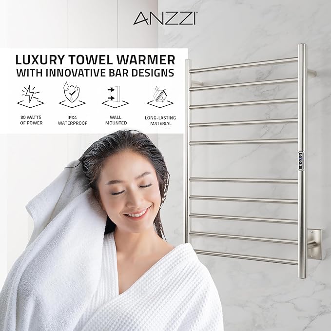 ANZZI Bali Modern 10-Bar Wall Mounted Towel Warmer in Brushed Nickel, Energy Efficient 80W Electric Plug in Heated Towel Rack for Bathroom, Towel Heater Rail with On/Off Switch, TW-AZ075BN