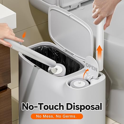 Small Bathroom Trash Can with Lid, Disposable Toilet Brush with 12 Refills, Toilet Bowl Cleaning Wand Set-2 Gallon Silm Garbage can and Toilet Brush Holder for Bathroom, Toilet, RV(White)