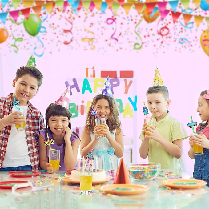 24 90s Party Favors 1990's Retro Element Straws for Back to The 90s Party Decorations Supplies with 2 PCS Straws Cleaning Brush