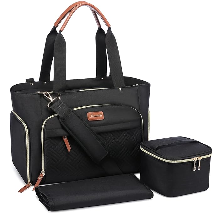 LOVEVOOK Breast Pump Bag, Diaper Bag Tote 3Pcs Set, Work Bag for Breastfeeding Mom with 15" Laptop Pocket, Cooler Bag & Changing Pad Fit Most Breast Pumps like Spectra S1/S2, Medela, Rainyb, Elvie