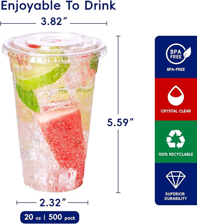 JOLLY CHEF 500 Pack 20 oz Clear Plastic Cups with Flat Lids, Disposable Iced Coffee Cups, Premium Crystal Smoothie Cup for Party, Cold Drinks, Juice, Wedding, Christmas, Birthday, Halloween, Party