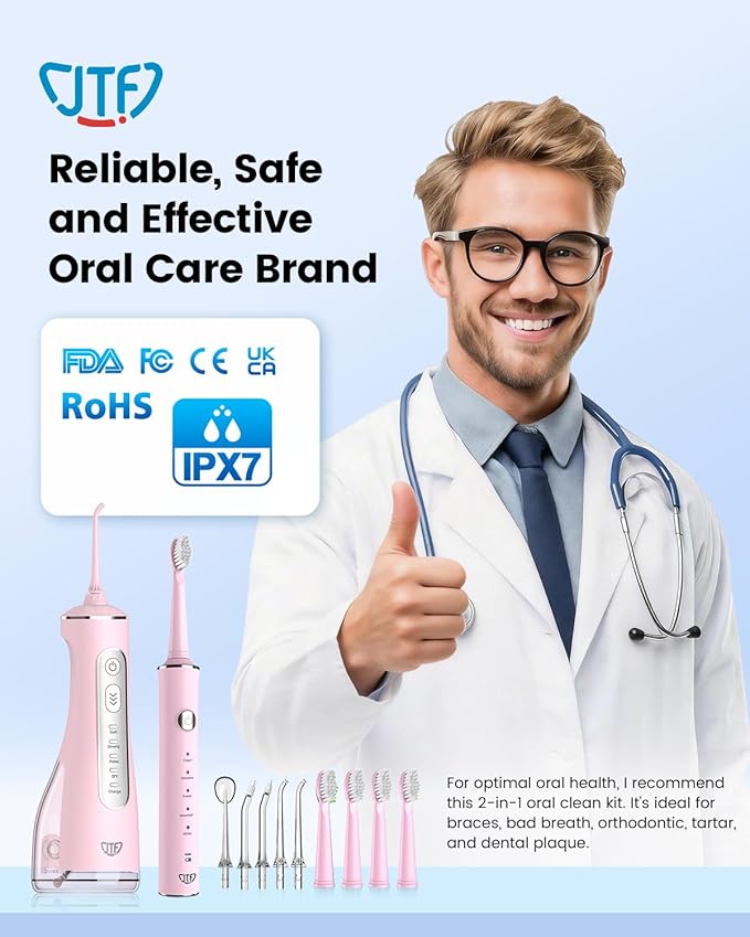 JTF Electric Toothbrush with Water Flosser Combo: 2-in-1 Portable Oral Clean Kit for Effective Yet Gentle Brushing & Flossing, Multiple Modes for Braces & Sensitive Gums Care, Cordless for Home Travel