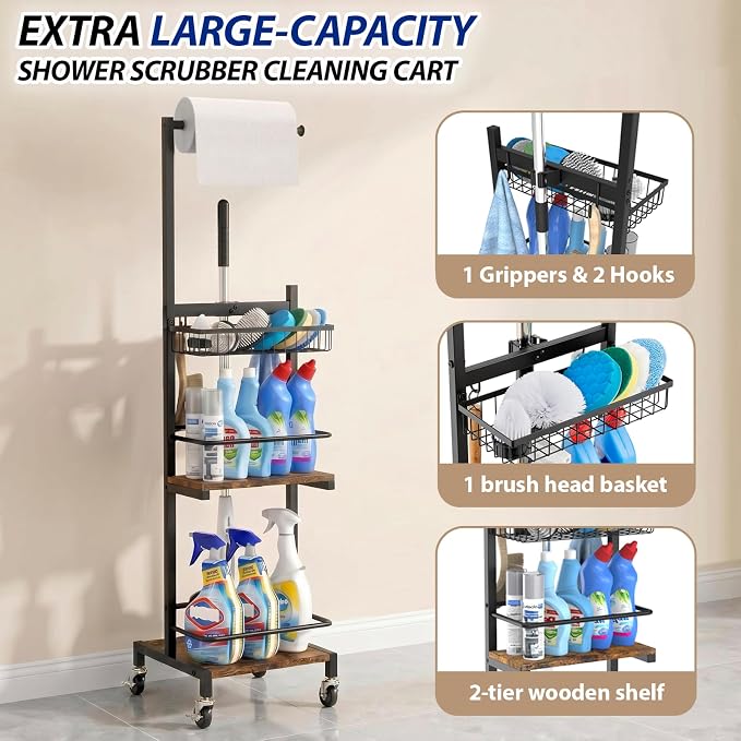 Cleaning Supplies Organizer, Shower Scrubber Cleaning Cart for Electric Spin Scrubber, Brush Heads, Cleaning Caddy with Wheels for Kitchen Laundry Room Organization(Black)