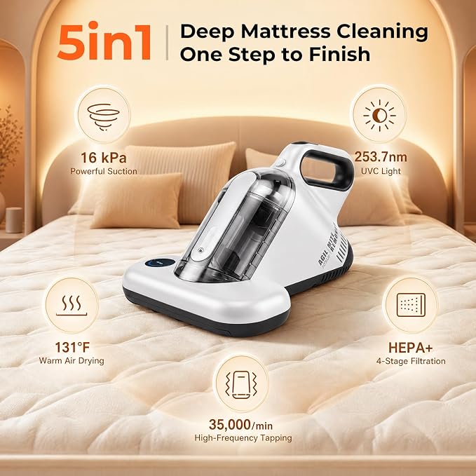 UV Mattress Vacuum Cleaner 16Kpa, Bed Vacuum with Smart Dust Sensor & HEPA Filter, 450W Couch Cleaner Machine for Pet Hair, Upholstery, Bed, Sofa Deep Cleaning