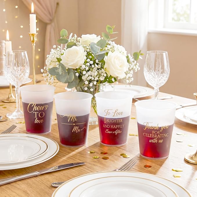 Yungyan 100 Pcs Wedding Frosted Plastic Cups Bulk 12 oz Clear Wedding Cups for Reception Disposable Cheer to Love Bridal Shower Bachelorette Party Supplies