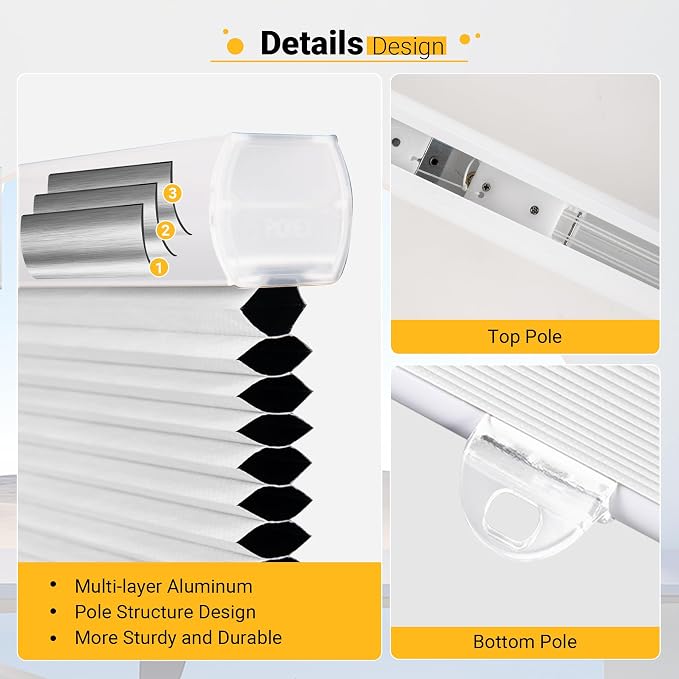 Cellular Shades Cordless Blackout Honeycomb Blinds Fabric Window Shades White(Blackout), 31" W x 72" H