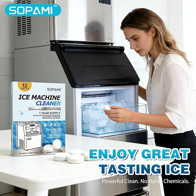 SOPAMI Ice Machine Cleaner and Descaler Tablets –24 Pack Ice Maker Cleaner Tablets, Nickel Safe Scale Remover for Countertop Portable Commercial Ice Makers, Compatible with Major Brands
