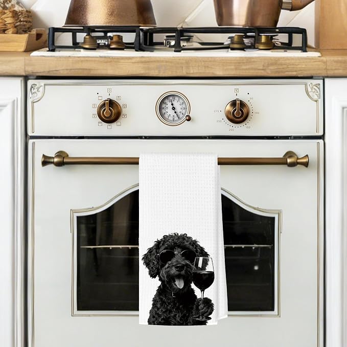 Funny Black Portuguese Water Dog Wine Bar Kitchen Towels, Dog Gifts for Women Decorative Hand Towels for Kitchen Decor, Dog Mom Dad Lovers Owner Gifts Dish Tea Towel, 16x24 Inch