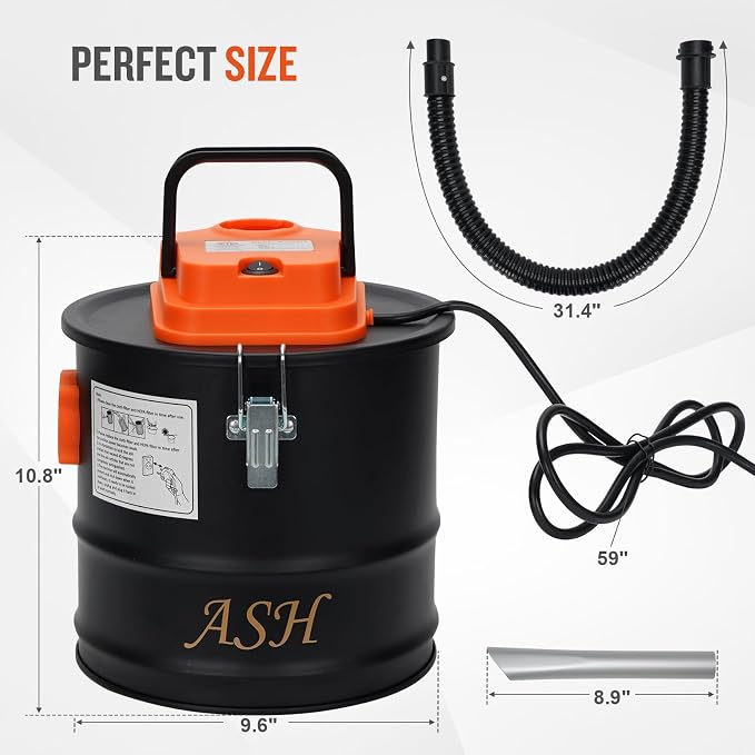 Ash Vacuum Cleaner -2.6 Gallon Fireplace Ash Vac with 800w Powerful Hose Non-Woven Dust Separator | Dry Stove Vacuum for Fireplaces Pellet Grill Wood Stove Fire Pits Orange