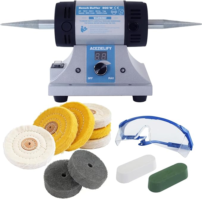 800W Jewelry Polisher, Variable Speed Bench Polishing Machine, Profesional Desktop Buffer Motor with 4'' Cotton, 3'' Fiber Buffing Wheels, Safe Glasses, Polish Compound for Jewelry Metal