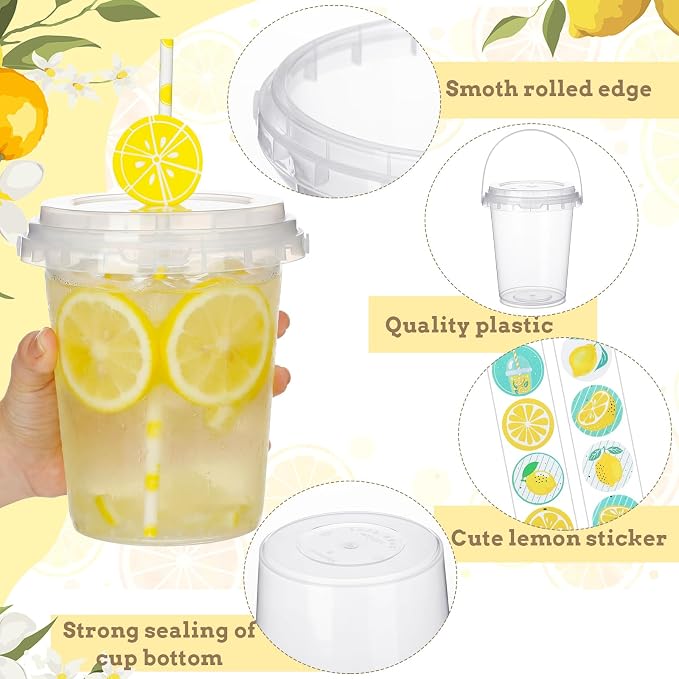 30 Sets 34 oz Large Lemon Plastic Cups with Lids Straws Stickers Lemonade Cups Yellow Cold Beverage Drinking Containers for Lemonade Bar Supplies Stand Supplies Birthday Party Decoration
