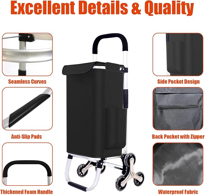 2 in 1 Shopping Cart for Groceries, 110 lbs Grocery Cart on Wheels, Foldable Shopping Cart with 6 Wheels, Load-Bearing Hand Truck with Black Waterproof Bag for Shopping, Camping, Garden