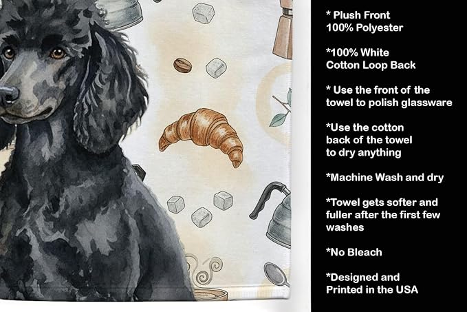Caroline's Treasures Standard Black Poodle Coffee Bar Kitchen Towel Velour Plush Front and Cotton Loop Back Machine Washable