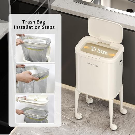 MRBIN Metal Kitchen Trash Can with Wheel Legs, 23L/6.1gal Medium Press on Lid Slim Removable Waste Basket, Pet Proof Garbage Pail for Bedroom, Living Room, Cream White