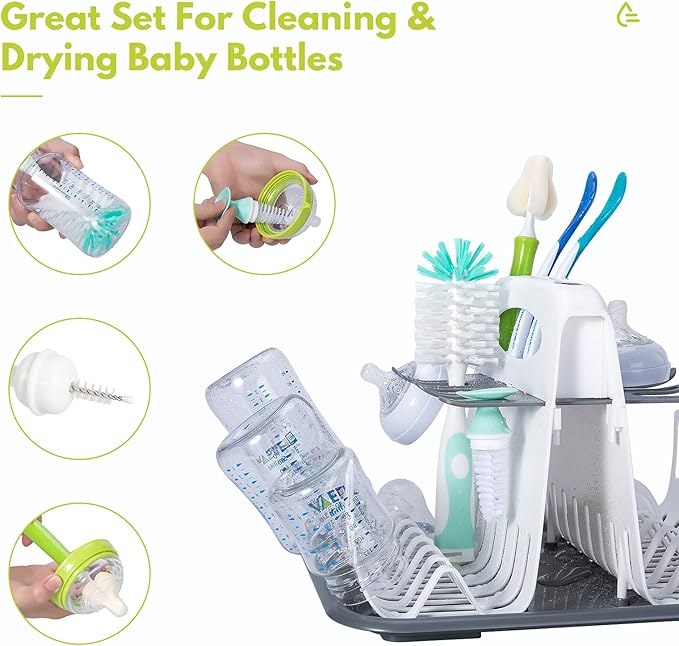 CAREBABYMORE High Capacity Drying Rack with 5pcs Brushes, Deluxe Countertop Drying Rack, Universal Drying Station, Baby Bottle Drying Rack with Bottle Brushes, White