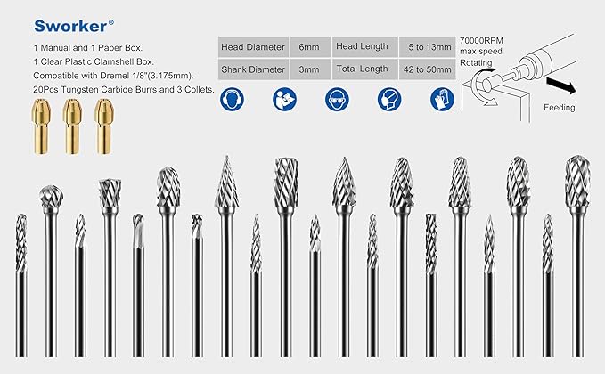 3Pcs Collets and 20Pcs 1/8" Shank Carbide Burr Compatible with Dremel Milwaukee Metal Grinding Wood Stone Steel Carving Cutting Polishing Engraving Grinder Kit Attachment Rotary Tool Accessories Set