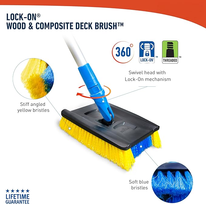 Unger Professional Lock-On Wood & Composite Deck Brush with EZ Extend Pro Telescopic Pole for Outdoor Decks with Durable Dual-Bristle, Swivel Deck Cleaning Brush, Adjustable 5 FT Pole Extends Reach
