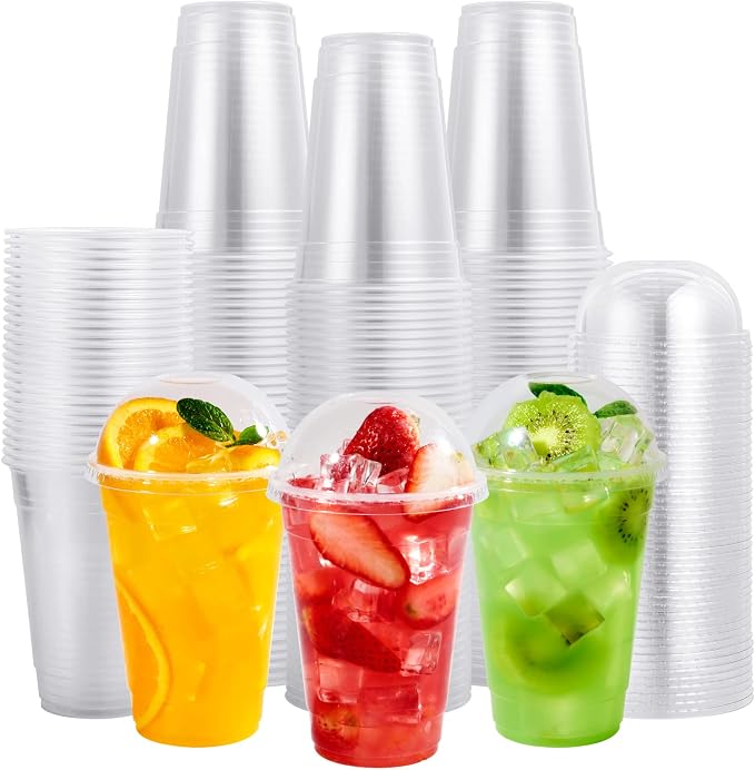 FOCUSLINE 200 PACK 16oz Clear Plastic Cups with Lids, Disposable Cold Drinking Cups, 16 Ounce Large Clear Cup with Dome Lids with Holes for Smoothie, Milkshake, Bubble Tea, Parfait