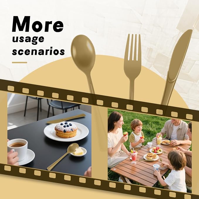 Plastic Silverware 300 PCS Disposable Silverware Heavy Duty Utensil Sets 100 Of Each Forks Knives & Spoons Disposable Cutlery Set For Easter,Birthday,Baby Shower,Garden Party,Wedding(300,Gold)