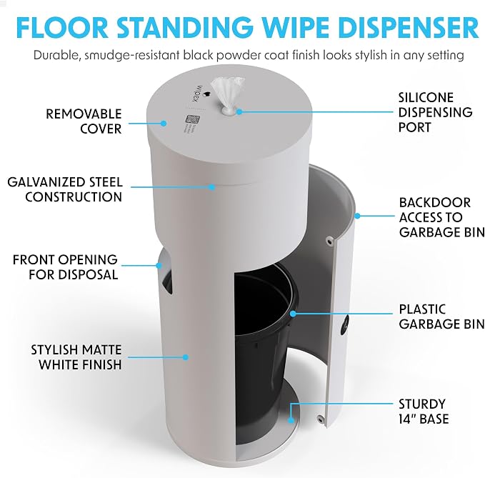Wipex Disinfecting Wipes Bulk Bundle: Premium White Dispenser with Trash Bin - Stainless Steel and 2 Packs of 800ct EPA Wipes Refill Roll for Equipment in School, Office, Gym, Public Venues