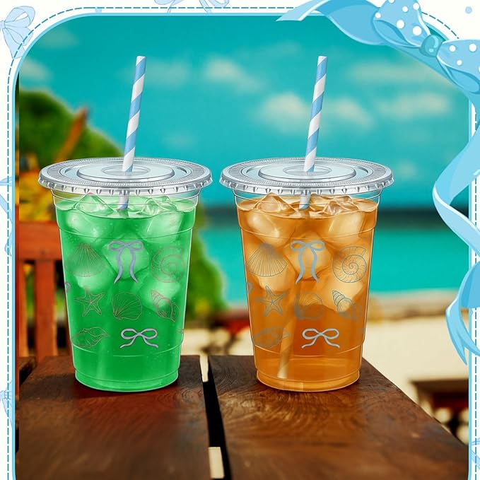 Sliner 25 Pcs 16 oz Coquette Disposable Plastic Cups with Straw for Blue Bow Starfish and Seashell Coast Party Supplies Bow Cups Birthday Wedding Bridal Party Drinkware Baby Shower Decorations