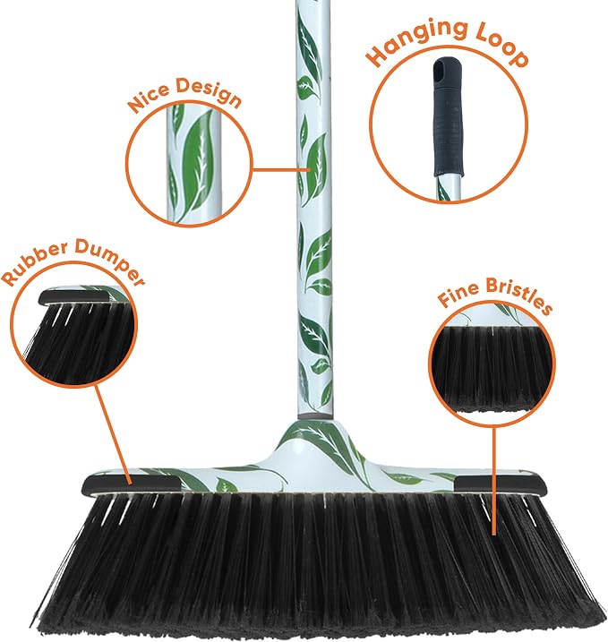 Superio Leaf Design Sweeping Broom for Home & Kitchen, Horsehair Bristle Push Broom with 48-Inch Wooden Handle, Indoor & Outdoor Floor Cleaner for Hardwood, Tile, Granite, Parquet & Concrete