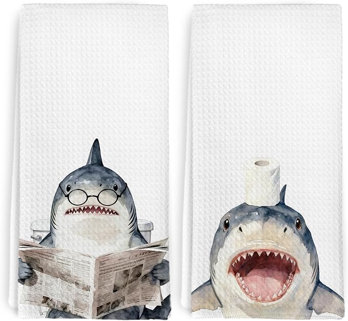 Funny Ocean Shark Hand Towels for Bathroom Washroom Decor, Shark Themed Gifts for Boys Kids, Sharks Decorative Hand Towels Set of 2, Coastal Sharks Reading Newspaper Dish Tea Towels, 16x24 In