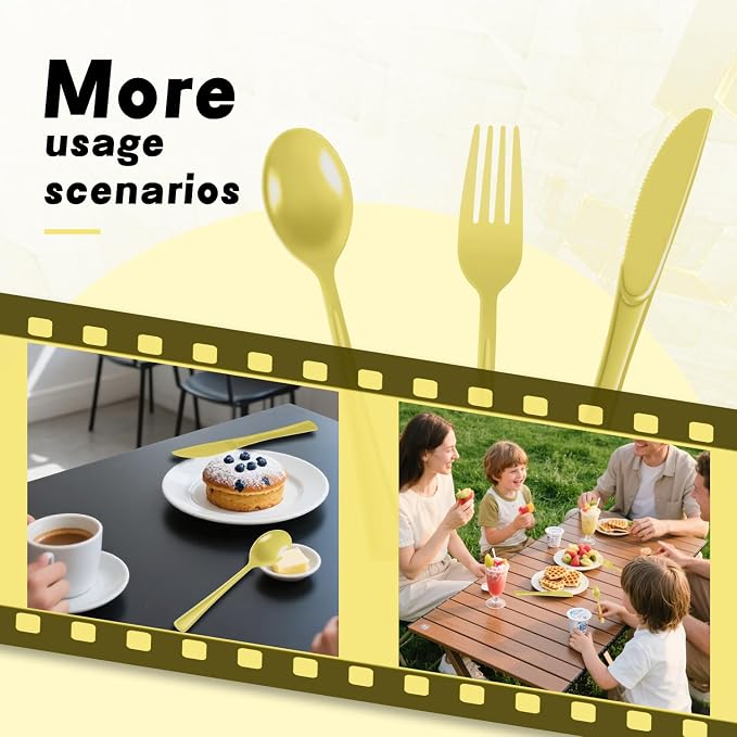 Plastic Silverware 150 PCS Disposable Silverware Heavy Duty Utensil Sets 50 Of Each Forks Knives & Spoons Disposable Cutlery Set For Easter,Birthday,Baby Shower,Garden Party,Wedding(150,Light Yellow)