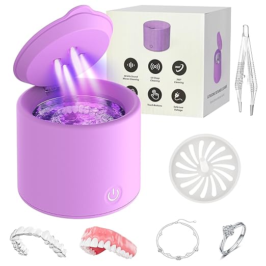 Ultrasonic Cleaner for Retainers & Aligners - 50kHz Dental Pod for Invisalign, Braces, Dentures, Night Guards, 200ml 3 Modes, Deep Clean for Fresh Retainers, Light Purple
