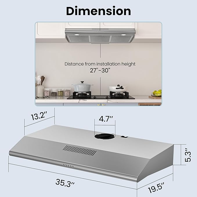 FIREGAS Under Cabinet Range Hood 36 inch with Ducted/Ductless Convertible, Slim Kitchen Vent Hood, LED Light, 3 Speed Exhaust Fan, Reusable Aluminum Filter, Push Button,Charcoal Filter