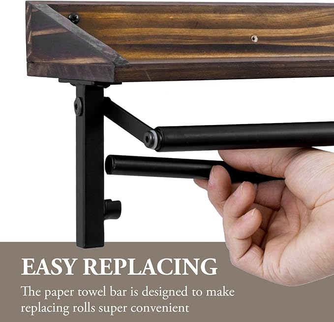 MyGift Paper Towel Holder for Kitchen, Shabby Whitewashed Wood Farmhouse Wall Mounted Kitchen Napkin Dispenser Rack with Top Storage Shelf Spice Racks (Matte Black Metal Paper)