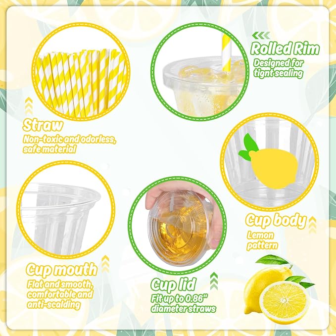 Whaline 100 Pcs Lemon Disposable Plastic Cups with Lids and Straws, 9 Oz | Yellow Lemon, Fruit Theme, Cold Beverage Drinking Cups, for Party Iced Coffee Smoothie Juice Tea