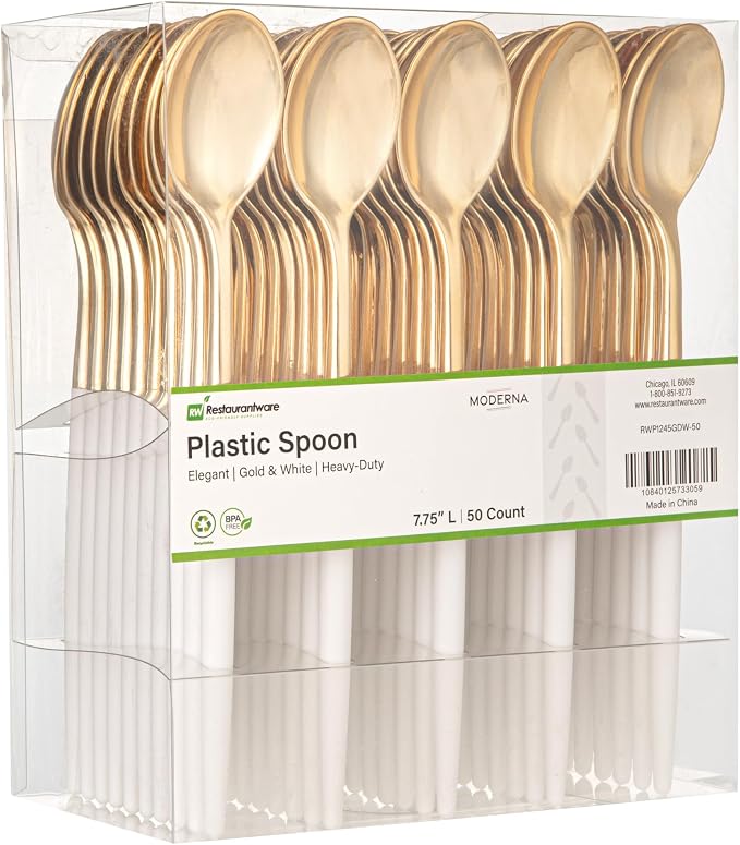 Restaurantware-Moderna 7.75 Inch Fancy Flatware, 50 Durable Plastic Flatware - With White Handle For Grip, Heavy-duty, Gold Plastic Spoons, Easily Disposable Or Restaurants