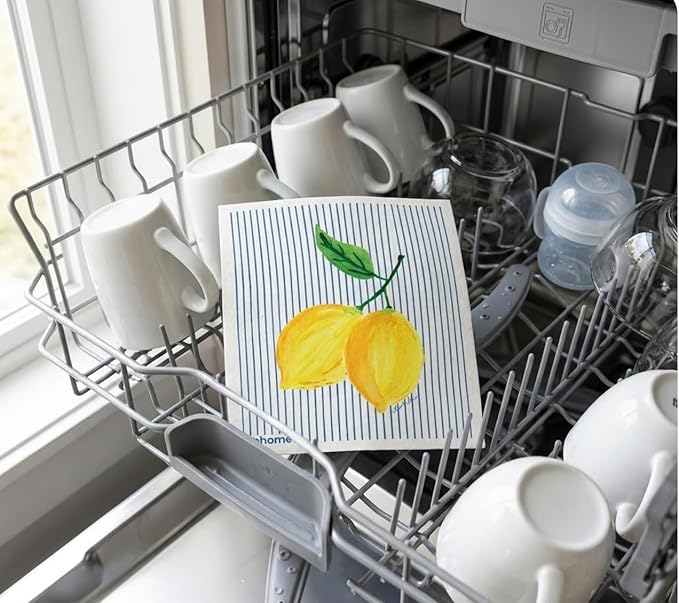 Lemon Collection Swedish Dishcloth, Reusable Paper Towel, Super Absorbent Cellulose Sponge, Kitchen Cleaning Cloth, Washable & Compostable (Lemon Zest Stripe 1 Pack)