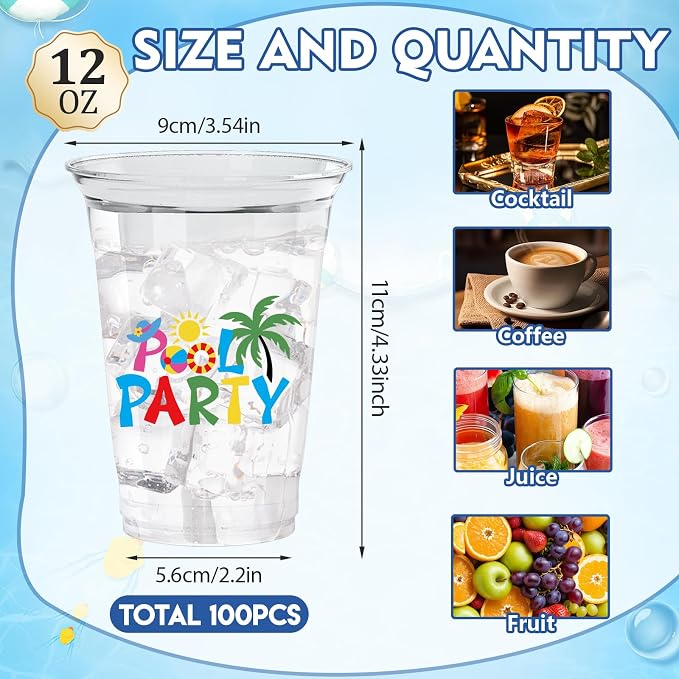 100Pcs Beach Pool Plastic Party Cups, 12oz Summer Disposable Clear Cups for Pool Party, Beach Holiday Party, Birthday Drinking Cups, Hawaiian Luau Supplies Summer Favors (2 Styles)