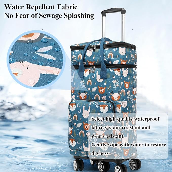 2 in 1 Shopping Cart with Wheels, Grocery, Portable Utility Dolly, Luggage Cart, Foldable Hand Truck with Built-in Removable Waterproof Bag for Shopping, Camping, Travel (Animal World)