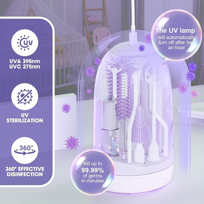 Electric Bottle Brush Cleaner,Electric Baby Bottle Brush Cleaner with Silicone Nipple&Straw Brush,Soap Dispenser,Drying Rack-Waterproof,Long Battery Life,Travel Bottle Cleaner Kit for Babies