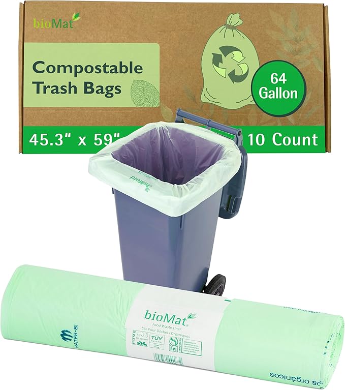 bioMat Compostable Trash Bags 64 Gallon, 10 Count, Extra Large flat top Kitchen Food Scrap Bin Liners, BPI, CMA and OK Compost HOME certified, Meets the ASTM D6400 Standard