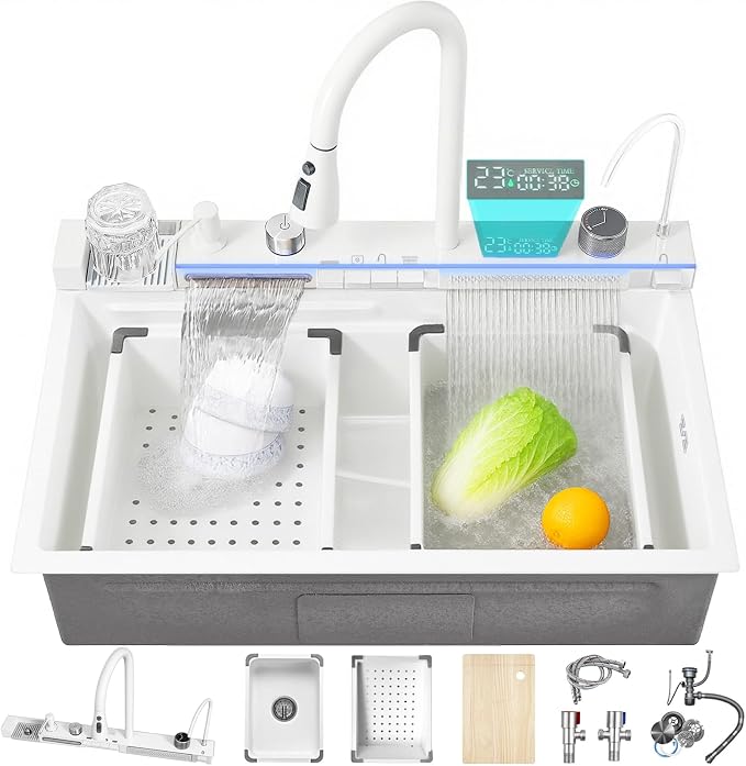 29.5 inch White Smart Digital Display Waterfall Sink, 304 Stainless Steel Modern Kitchen Sink with 5 Water Outlet Modes, Waterfall Pull-Out Faucet, Cup Washers and Accessory Set
