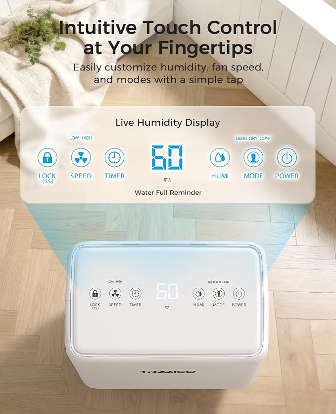 Trazico 30 Pint Dehumidifier for Basement with Drain Hose Up to 2000 Sq.Ft | Quiet Dehumidifiers for Home Large Room Bedroom Bathroom, Intelligent Humidistat, 3 Modes, 24H Timer, Auto Defrost