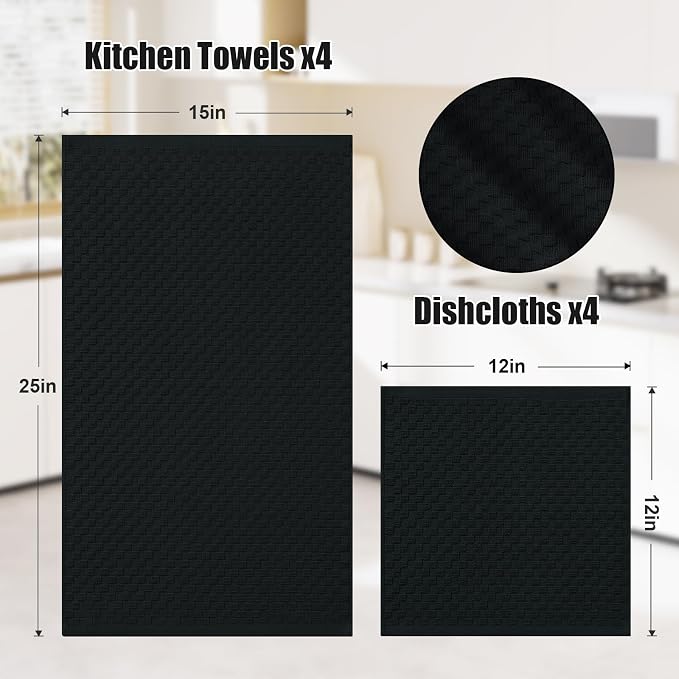 Homaxy 100% Cotton Kitchen Towels and Dishcloths Set, 12 x 12 & 15 x 25 Inches, Set of 8 Bulk Terry Cloth Dish Towels, Super Soft and Absorbent Hand Towel with Hanging Loop, Black